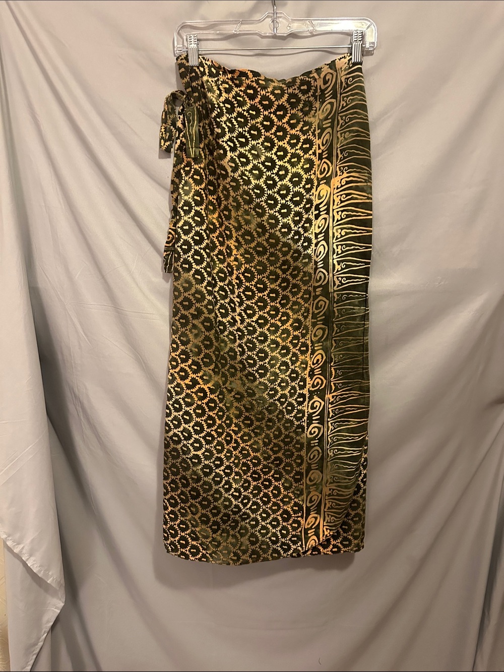 Olive Green and Gold Patterned Maxi Wrap Skirt